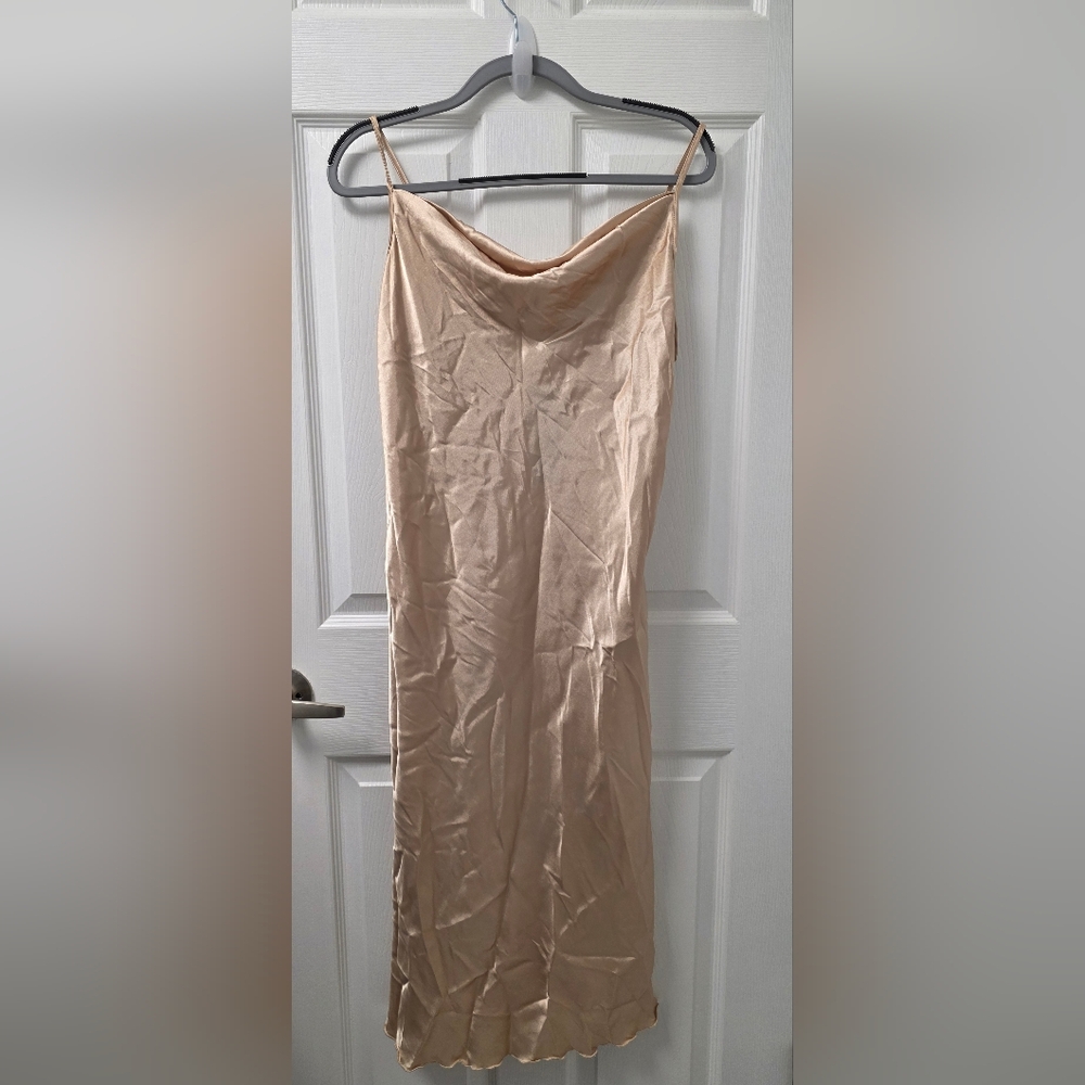 Bebe Gold Satin Cowl Neck Slip Dress NWT Large Made In USA New Sultry Lingerie L